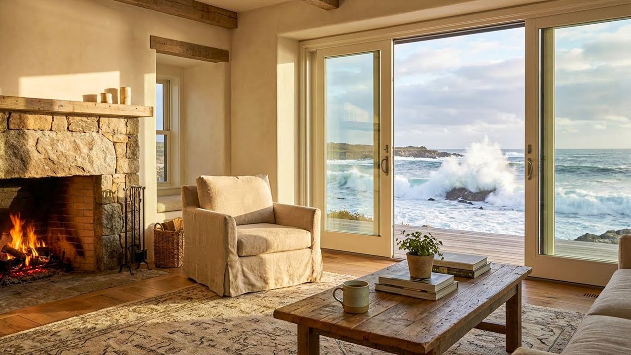 Seaside Fireside Escape 🌊🔥 Gentle Ocean Waves & Cozy Fire | Relaxation & Tranquil Vibes