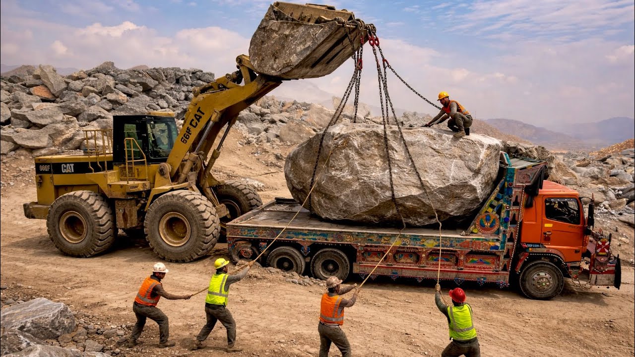 INSANE Dangerous Truck Unloading 😱 | Giant Marble Cutting Process in Mountains (Extreme Skills)