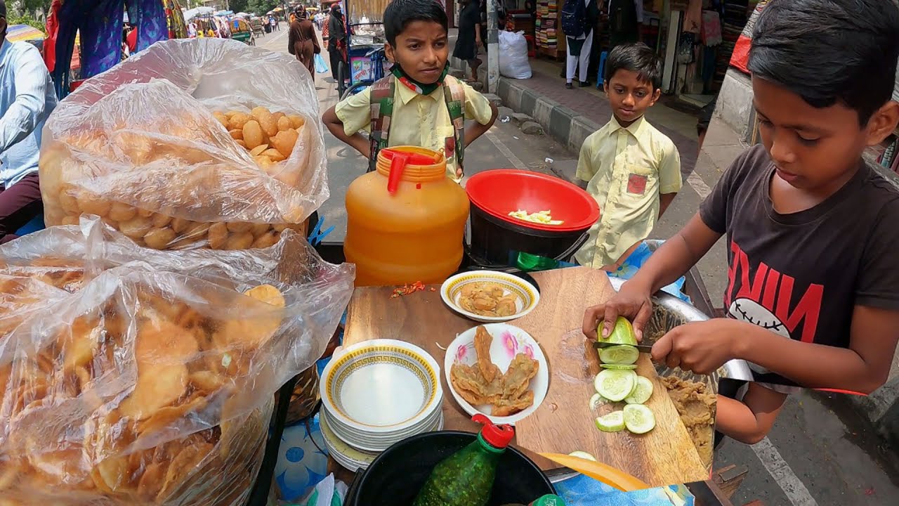 Tasty fuchka, panipuri, bhelpuri selling by 8 years kid  cute amazing boy hard working! bdfood