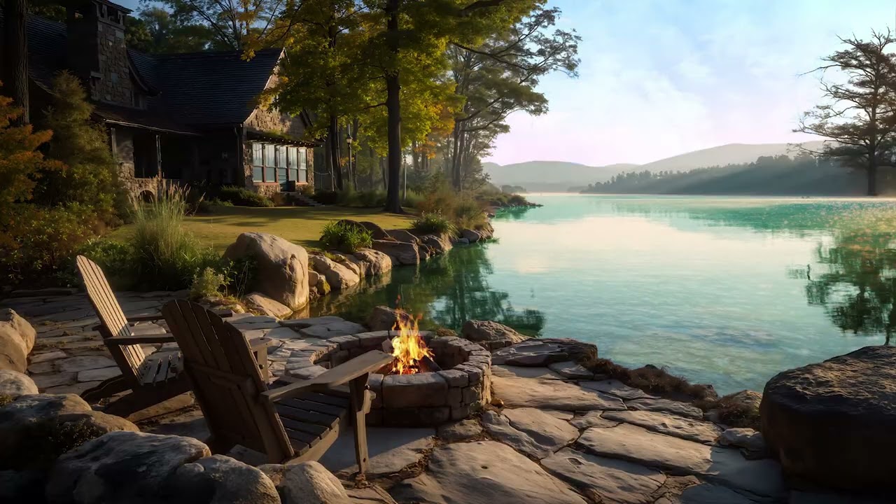 Calm Moring Day at a Quiet Lake Cabin | Gentle Fire Pit and Calm Nature Ambience