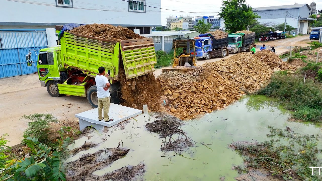 Skillful On Project Delete Bury Sewage System & Filling Land Using Sand & Stone By Dozer & Trucks