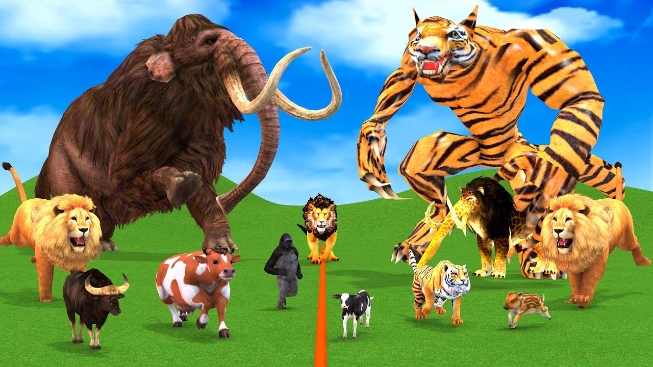 5 Giant Elephant Cow Vs Giant Tiger Wolf Vs 5 Giant Lion Tiger Cub Saved By Wolly Mammoth Elephant