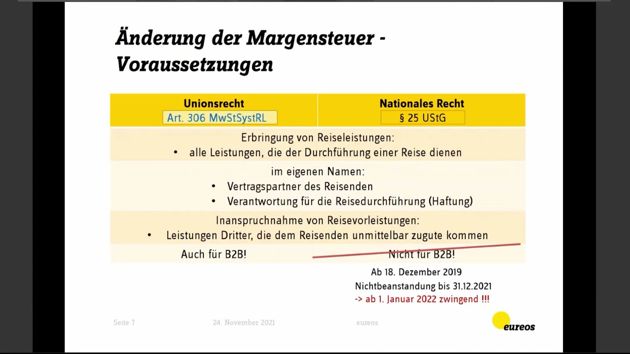 eureos Online-Seminar: Änderungen bei der Margensteuer, 24.11.2021