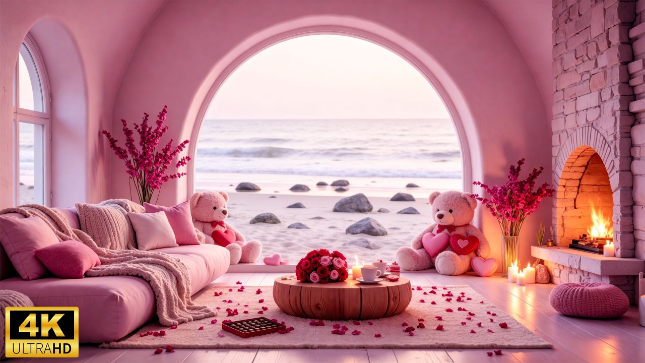 Romantic Valentine Beach Ambience❣️Peaceful Piano Music with Firepalce Sounds & Ocean Waves for Love