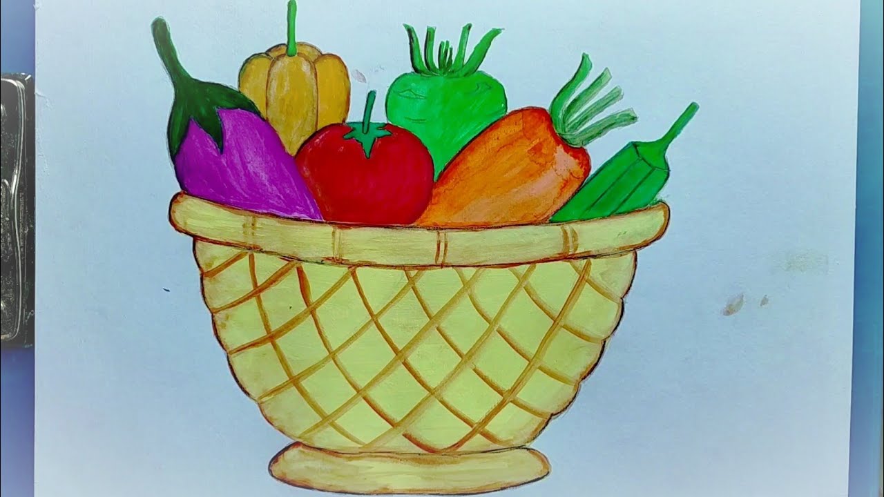 Easy vegetables basket drawing/How to draw vegetables basket.