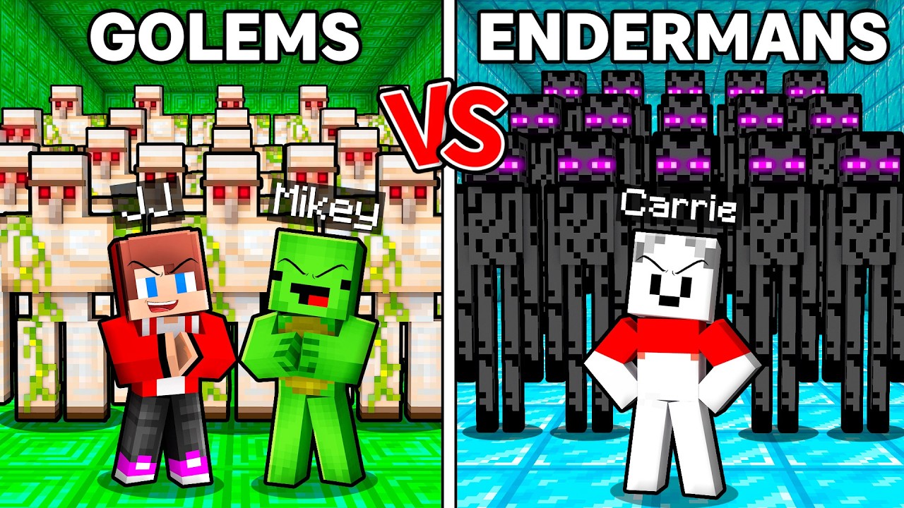 Mikey and JJ GOLEM vs Carrie ENDERMAN ARMY Battle in Minecraft (Maizen)