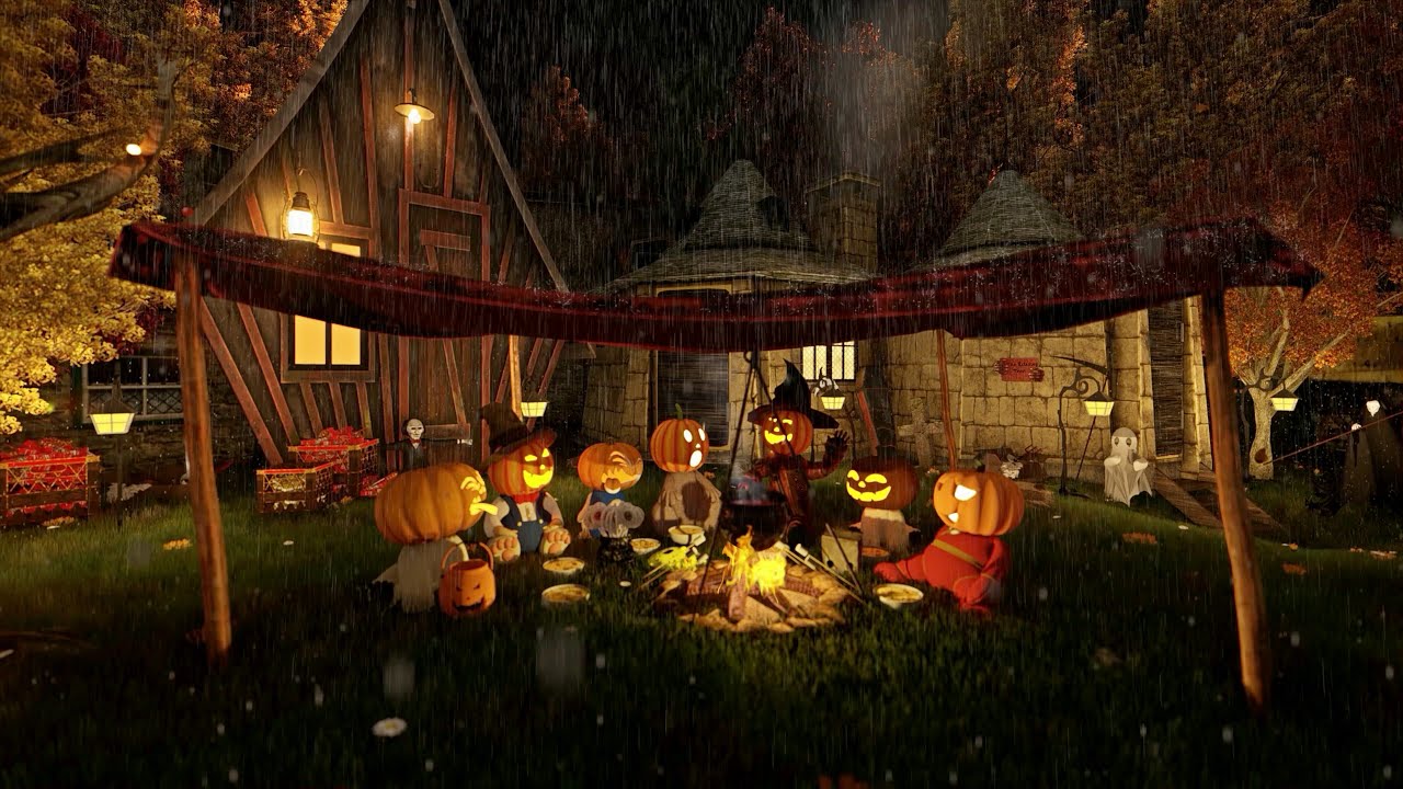 Halloween | Pumpkin Village - Rain & Thunder and Campfire Sounds