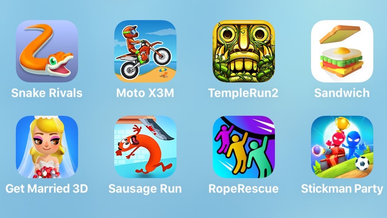 Snake Rivals, Moto X3M, Temple Run 2, Sandwich, Get Married 3D, Run Sausage Run, Rope Rescue