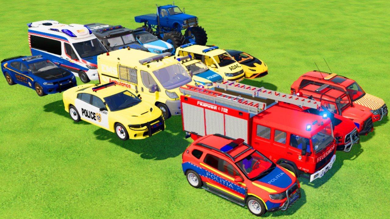 TRANSPORTING CARS, AMBULANCE, POLICE CARS, FIRE TRUCK OF COLORS! WITH TRUCKS! - FS 22