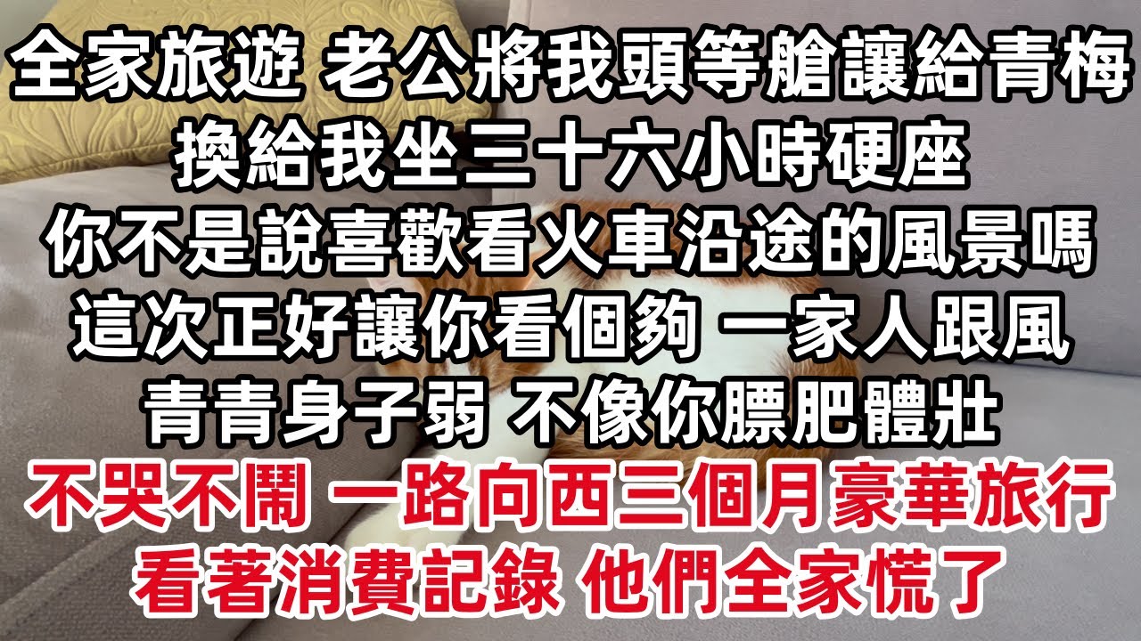 全家旅遊 老公將我頭等艙讓給青梅 換給我坐三十六小時硬座 你不是說你喜歡看火車沿途的風景嗎 這次正好讓你看個夠  青青身子弱 不像你膘肥體壯不哭不鬧 一路向西三個月豪華旅行 看著消費記錄 他們全家慌了