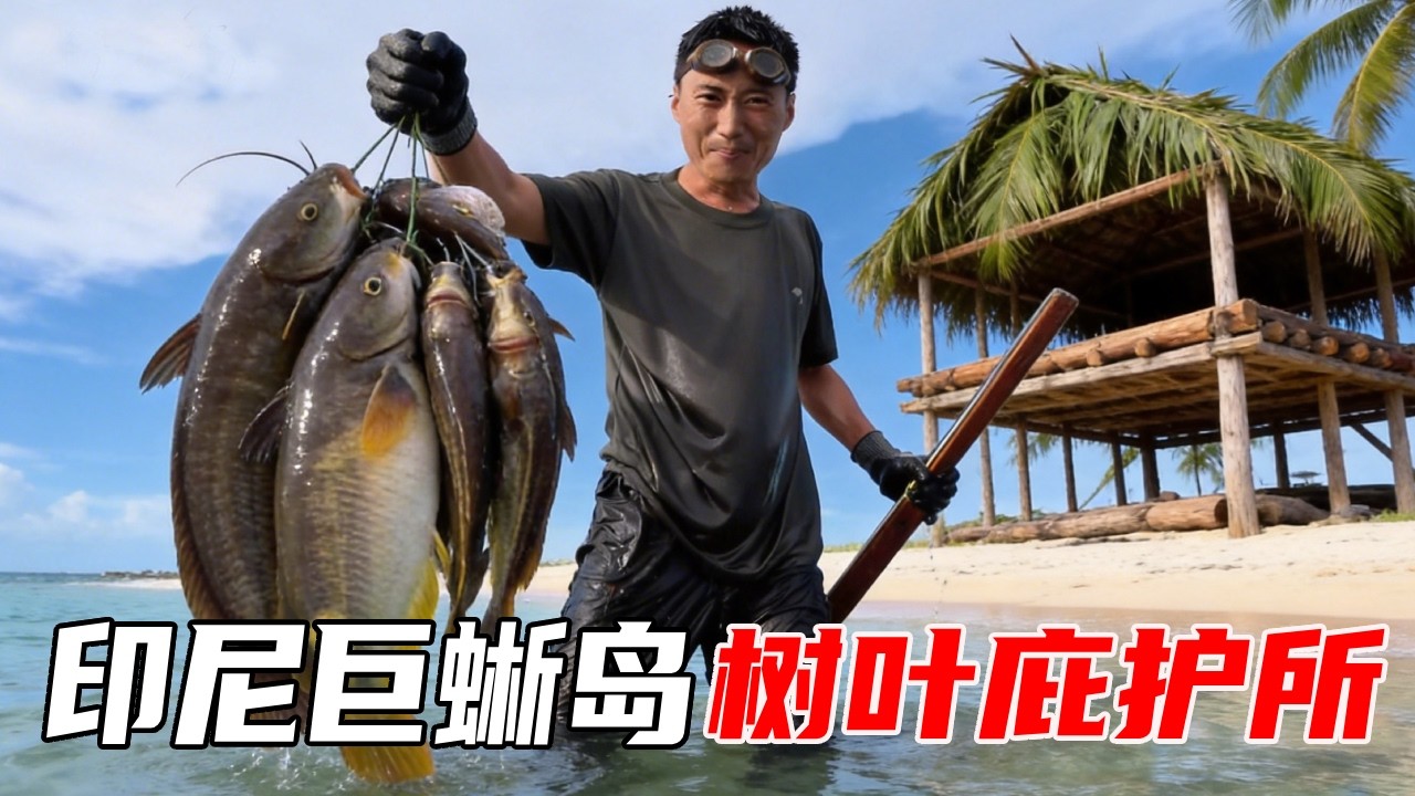 印尼巨蜥岛生存挑战全集：用椰子树叶建造2层庇护所，夜间赶海抓到兰花蟹，螃蟹钳把平头哥夹得痛不欲生【户外平头哥】