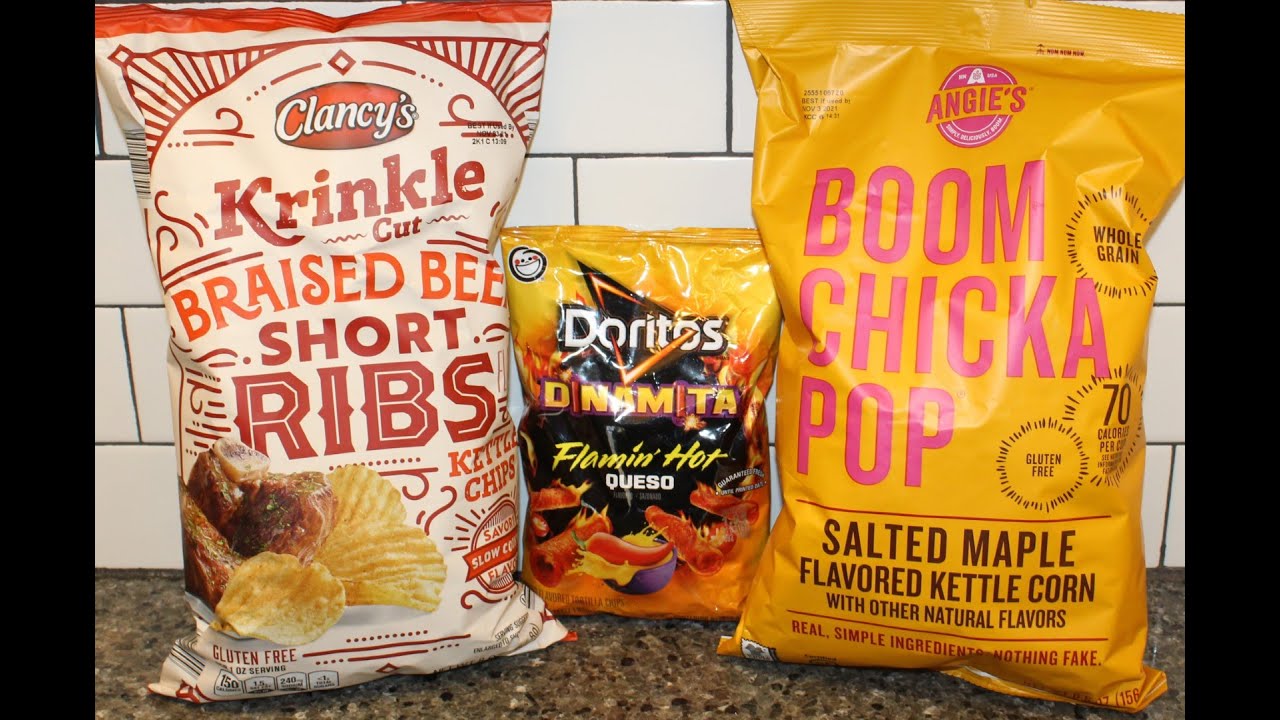 Clancy’s (ALDI) Braised Beef Short Ribs Chips, Doritos Dinamita Queso, Angie’s BOOMCHICKAPOP Maple