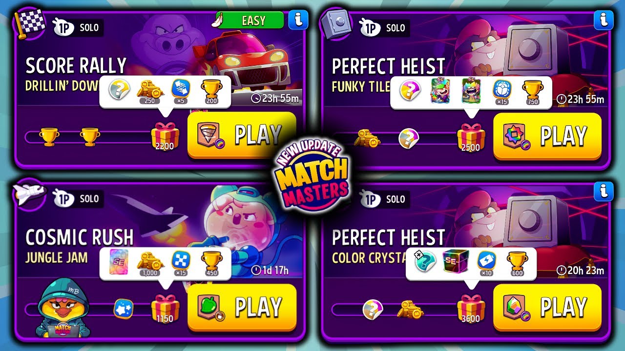 4 Solo/ Funky Tiles Perfect Heist/ Jungle Jam Rush/ Drillin Down Score Rally/ Color Crystals Heist
