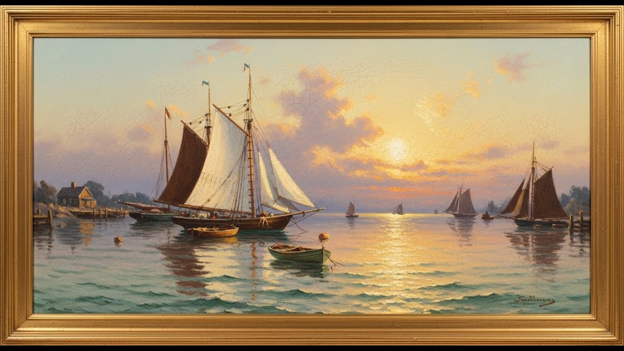 Frame TV Art with Music: Golden Sunset Harbor with Sailing Ships | 4K Nautical Oil Painting