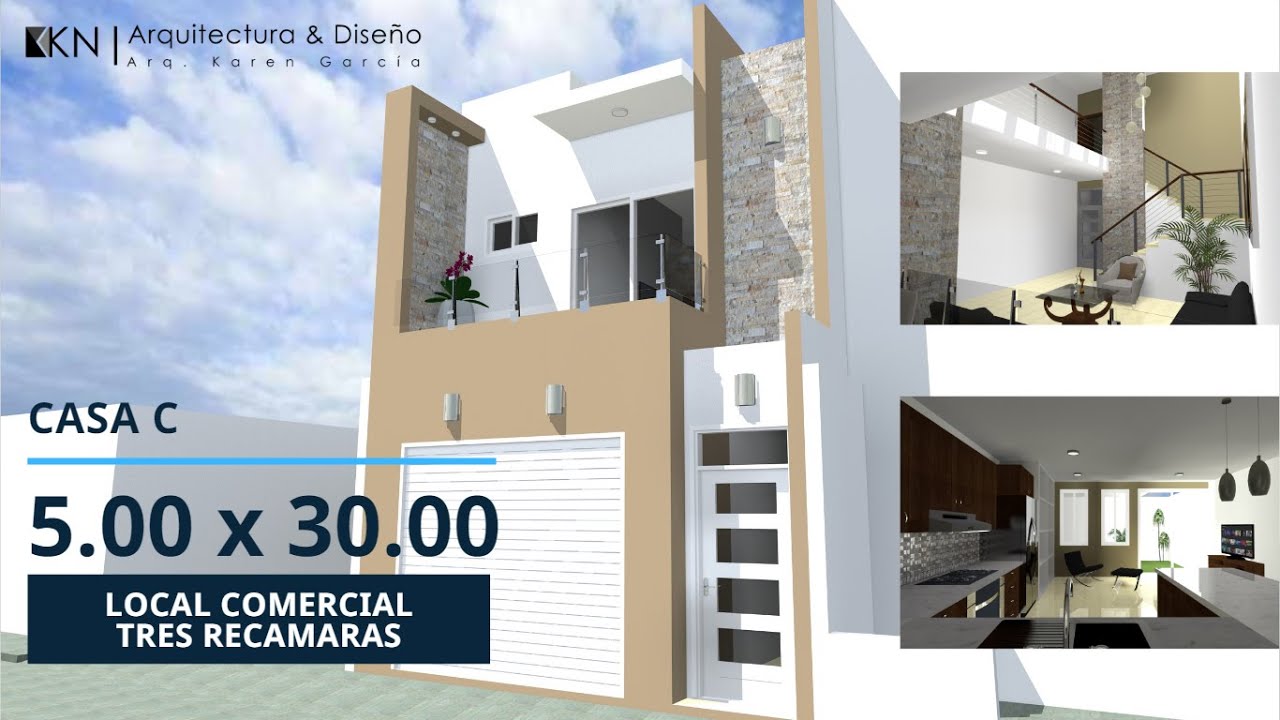 Casa 5x30 | Casa angosta moderna | fachada de casa con local comercial | sala doble altura