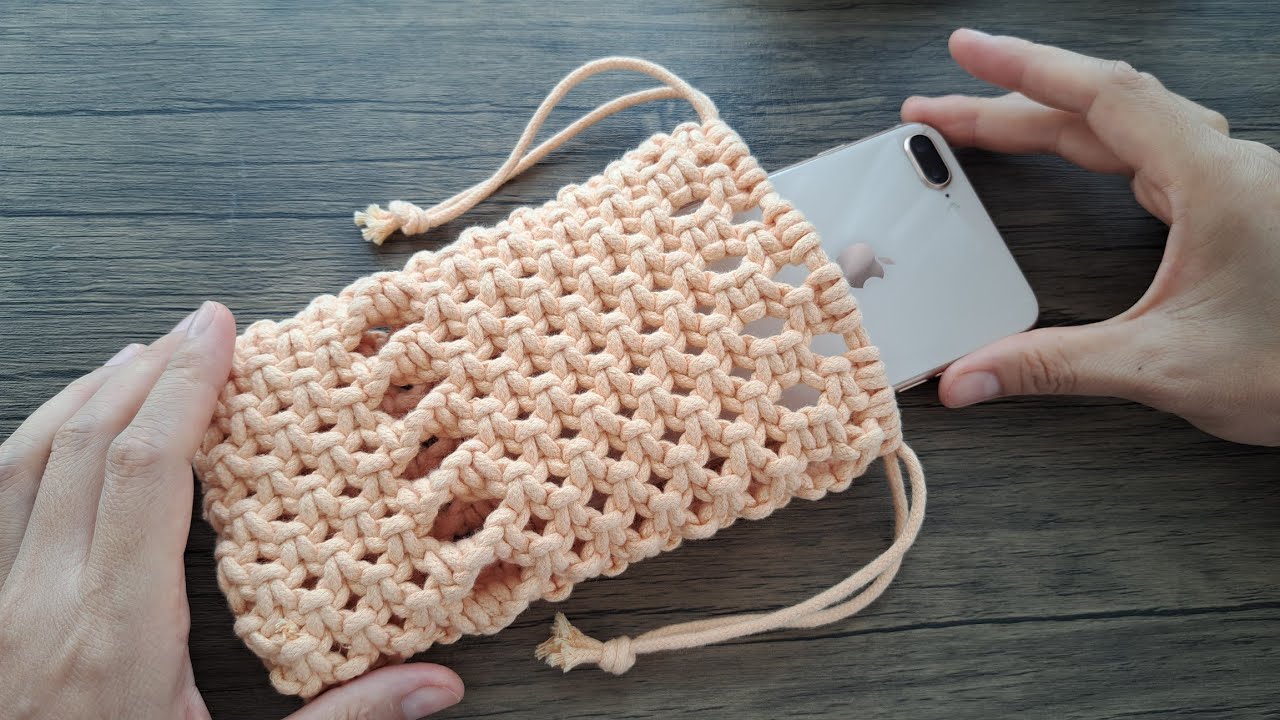 Super easy DIY Macrame phone bag - drawstring bag - Basic knot
