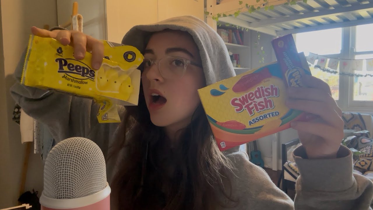 ASMR Trying American Candy (gum chewing + semi-inaudible whispers)