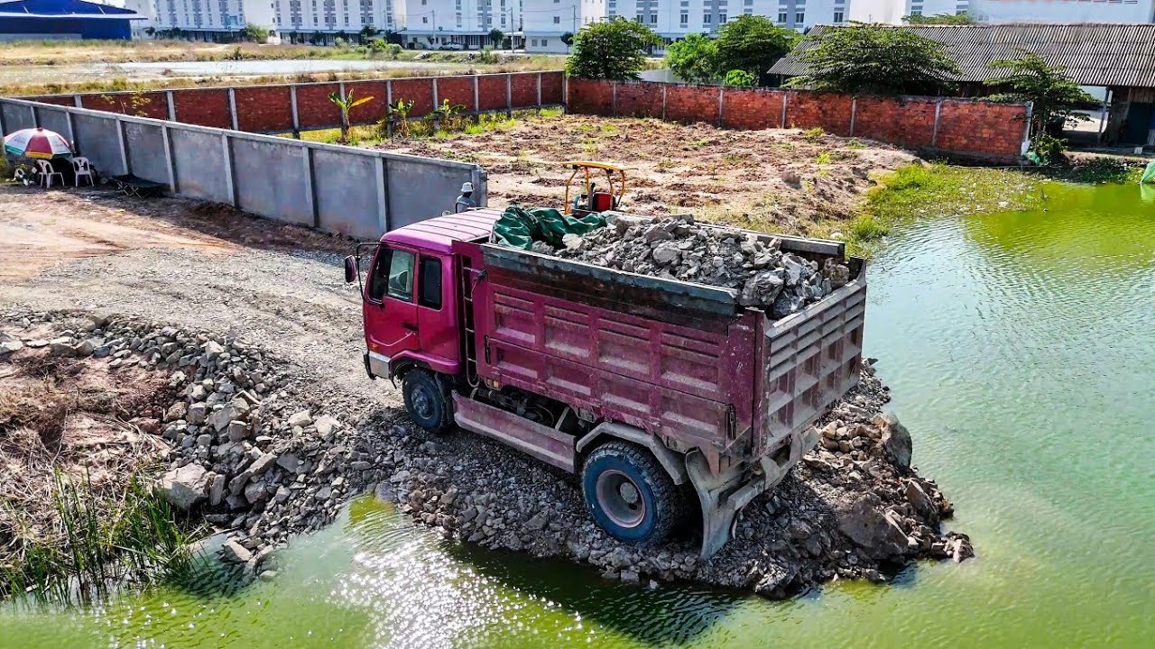 Amazing! Skilled Driver 5T Dump Trucks Unloading Stone Filling Up & DOZER Pushing Stone into water