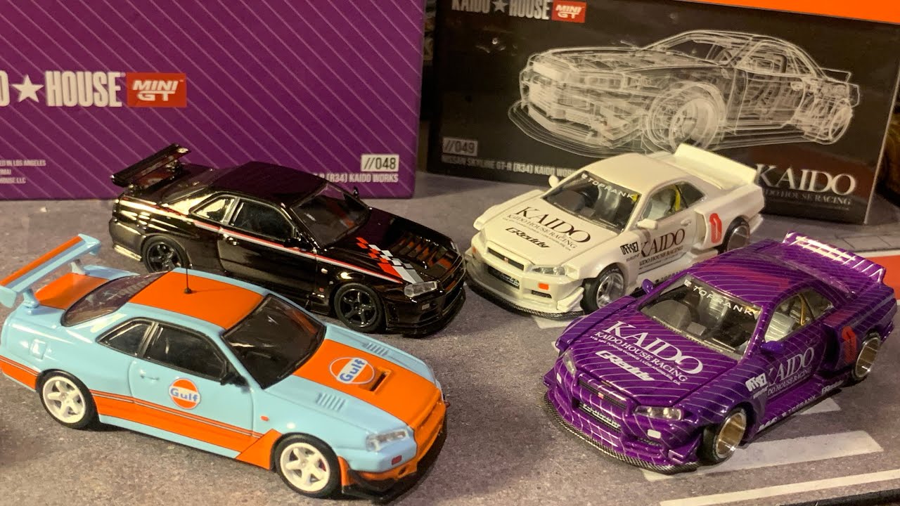 MiniGT 街道ハウスGT-R R34 Kaido Works、gulf仕様R34、innoブラッククロームR34開封　poprace
