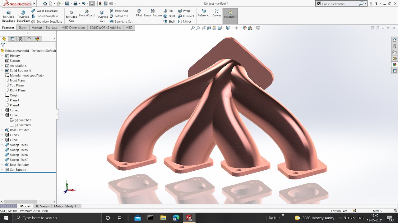 Exhaust manifold in Solidworks using Swept Boss/Base Feature