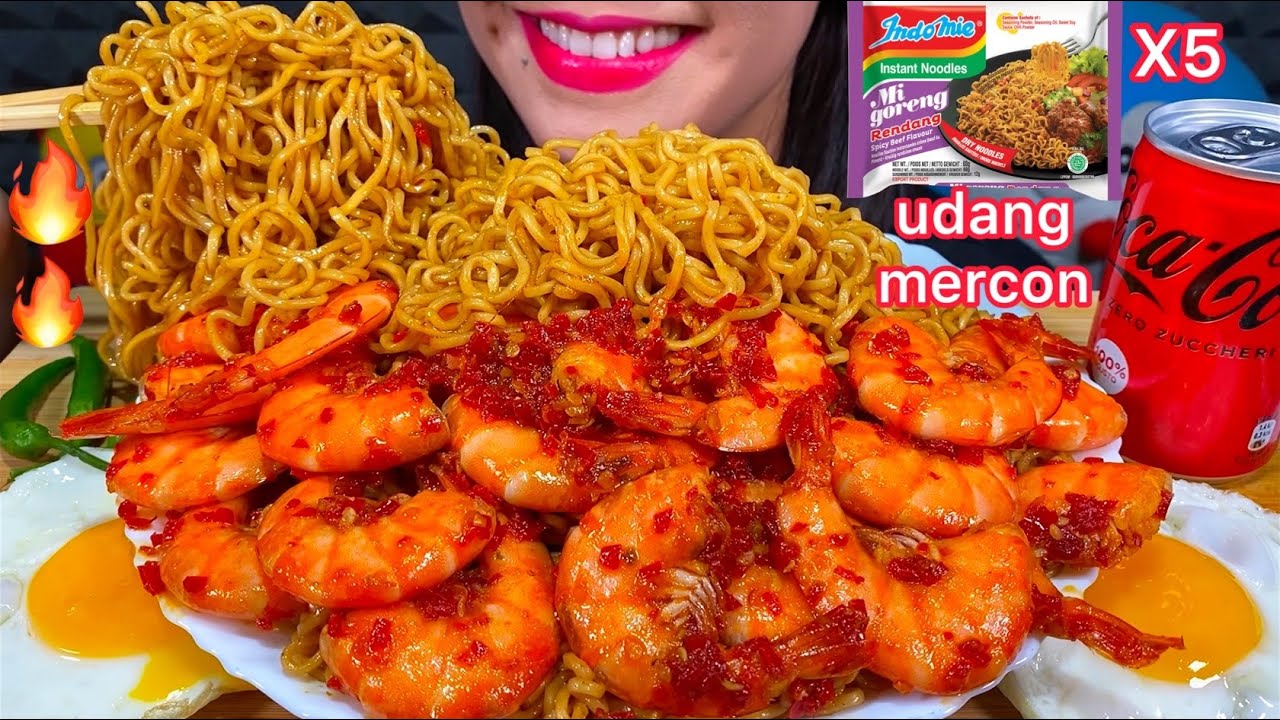 MAKAN INDOMIE GORENG RENDANG, UDANG CABE MERCON *SPICY NOODLES, CHILI SHRIMP ASMR MASSIVE Eating