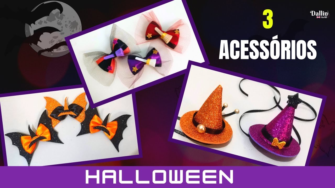 HALLOWEEN: 3 Acessórios Pet (Chapéu de bruxa, Laço Vassoura de bruxa, Laço Asas de Morcego)