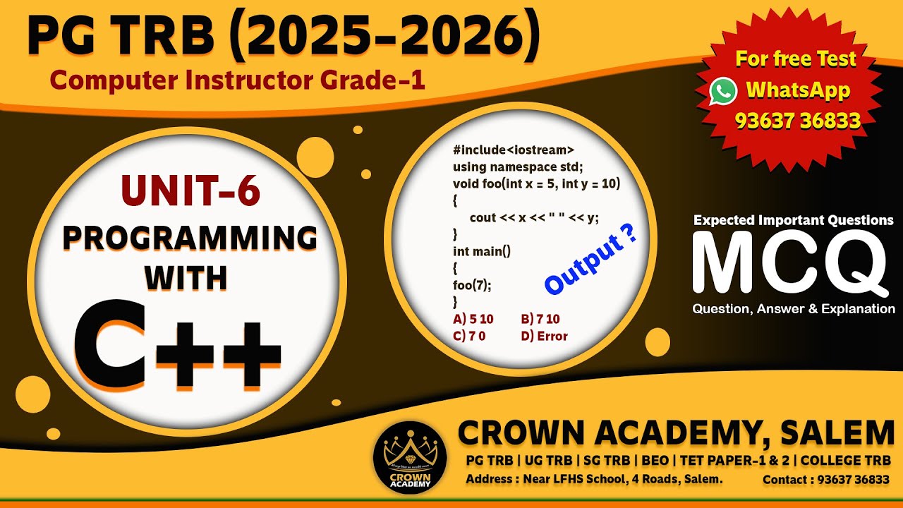 PG TRB 2025-2026 (UNIT-6 : PROGRAMMING WITH C++ ) Important Questions