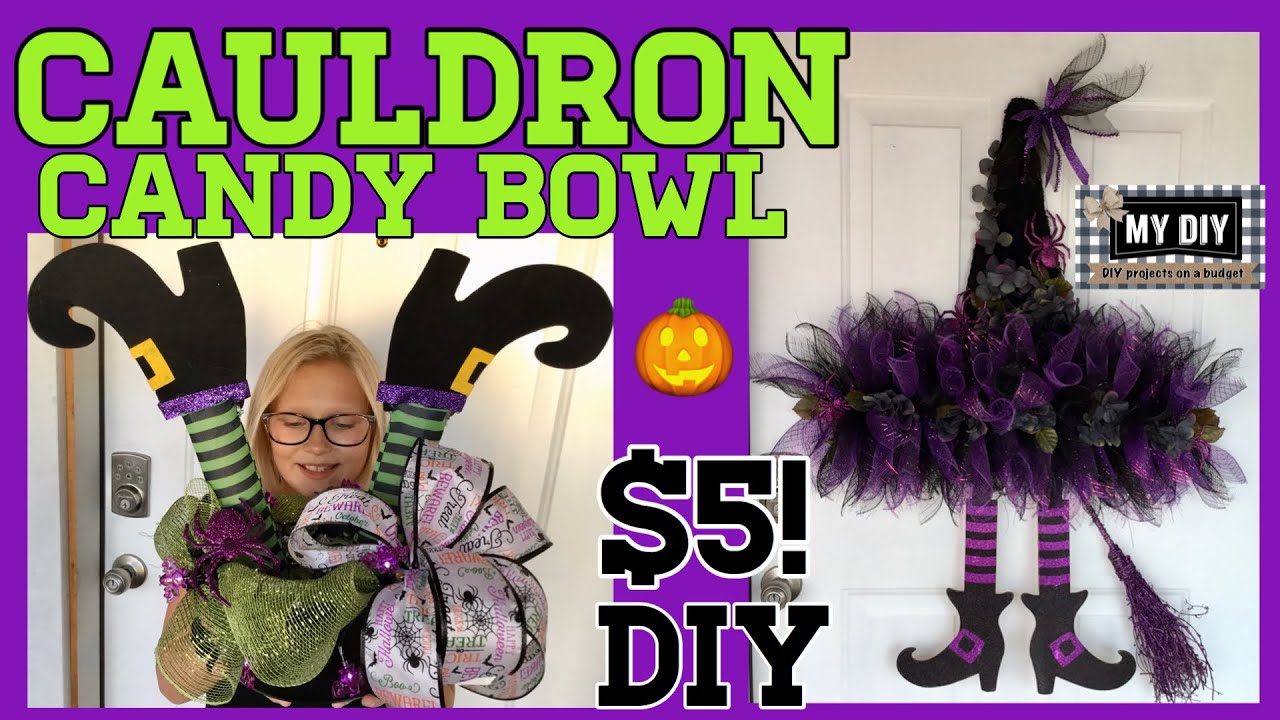 Witch's Cauldron Candy Bowl | Witch hat wreath |  Dollar Tree DIY Halloween!