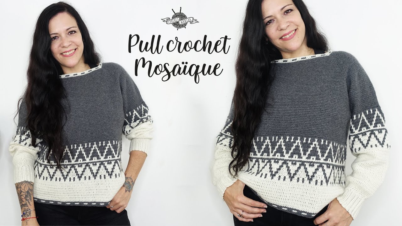 TUTORIEL PULL top down mosaic crochet en rond avec grille
