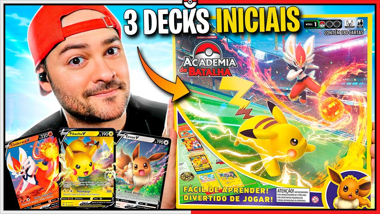 Pokémon TCG: 3 Decks Iniciais + Tabuleiro = Academia de Batalha com Pikachu, Eevee e Cinderace V