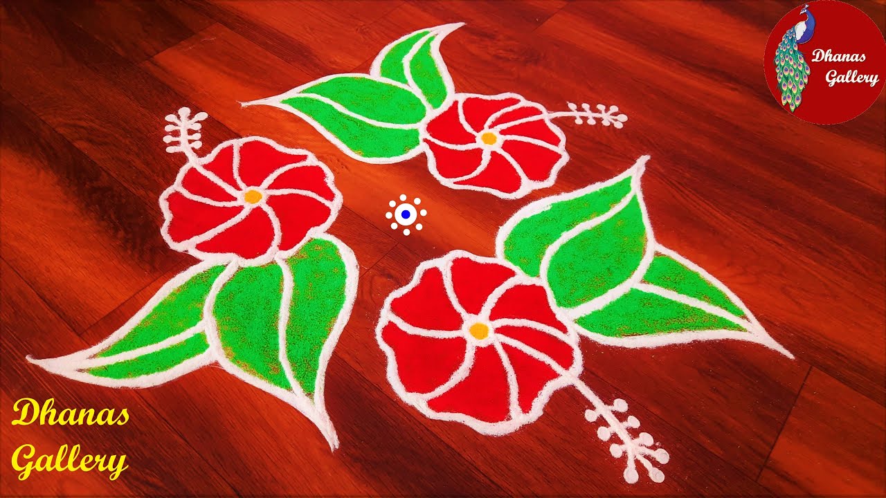 Easy Hibiscus Flower Rangoli Design|Sembaruthi Poo Kolam with Dots|Freehand Flower Rangoli|Hibiscus