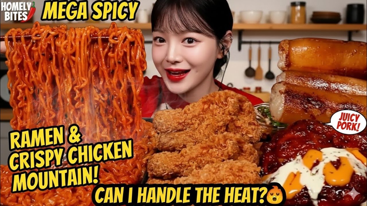 MEGA SPICY RAMEN & CRISPY CHICKEN MOUNTAIN! 🌶️🍗 Can I Handle The Heat? | Homely Bites#asmr #mukbang 