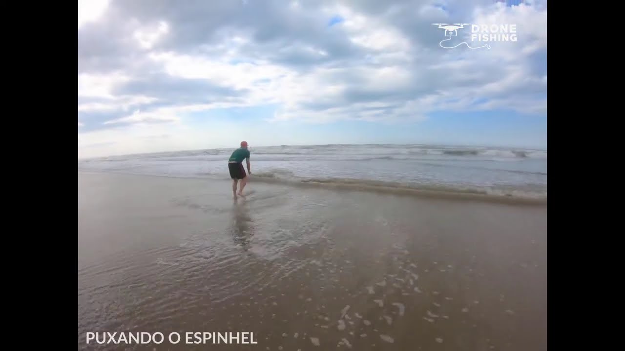 INÉDITO - Lançamento Espinhel de 100 anzóis com Drone DF45 - Pesca de beira de praia - papa-terra