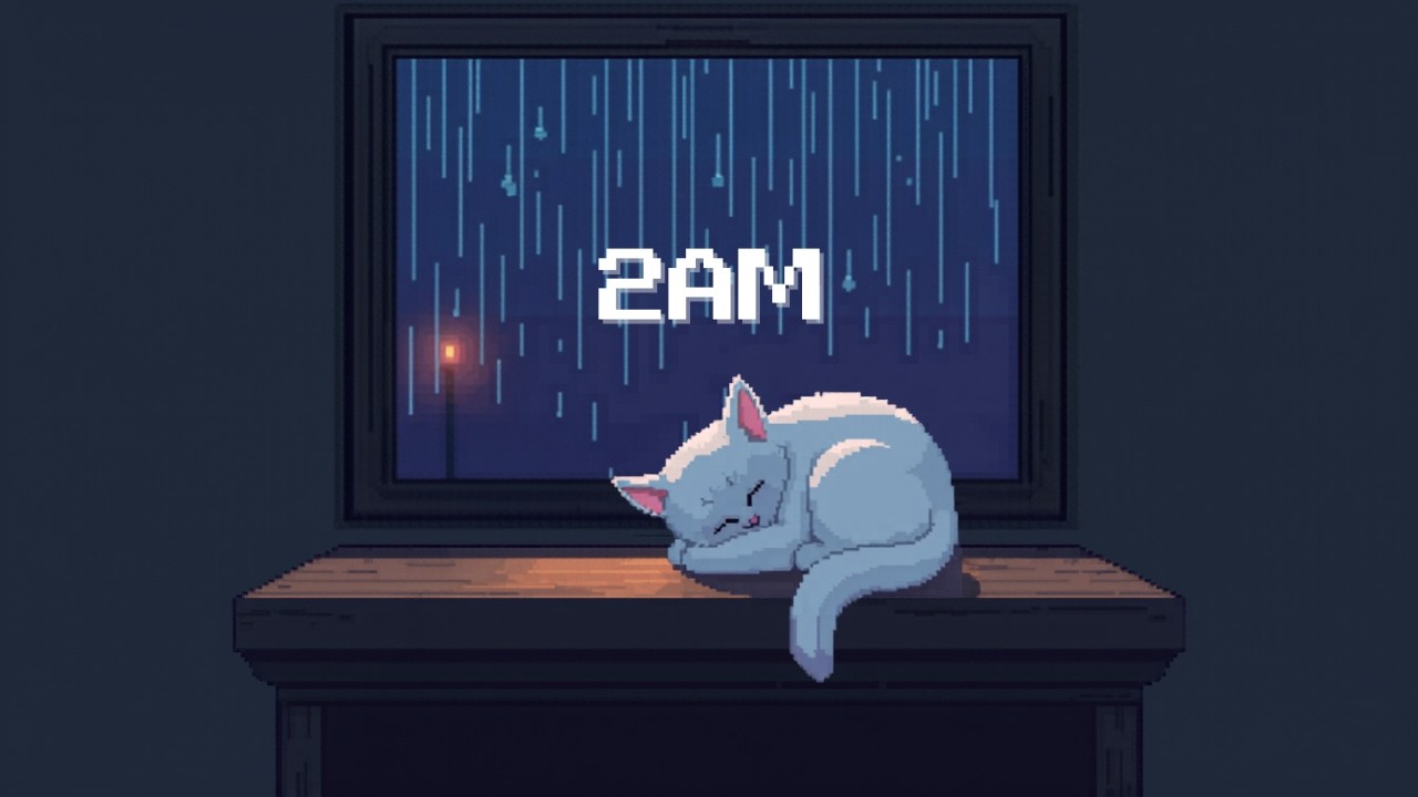Rainy Night Ambience at 2AM (2 Hours) |Window Rain | Window Light |Sleeping White Cat | Deep Focus