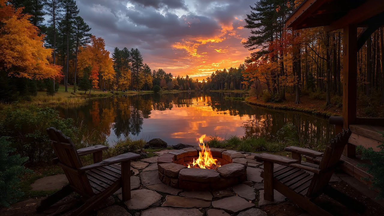 Cozy Nature Ambience by The Lake | Relaxing Firepit and Birdsongs for Calm and Peaceful