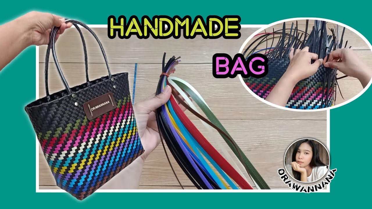 กระเป๋าสานจากเส้นพลาสติก ลายสอง ลายพื้นฐาน | Weave a bag from plastic line | handmade bag