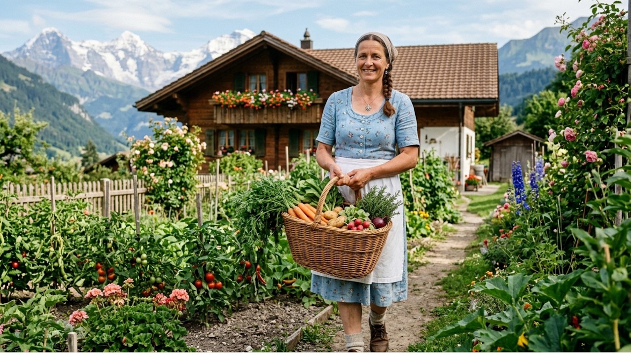 Life in a peaceful Swiss village: raising goats, growing tomatoes and vegetables.