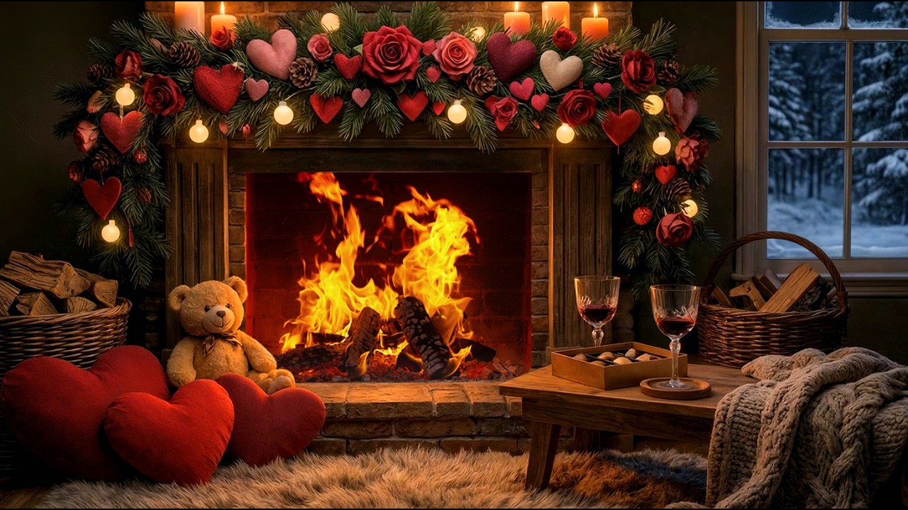 A Soft Valentine Night by the Fireplace ❤️ Firelight and Falling Snow Outside