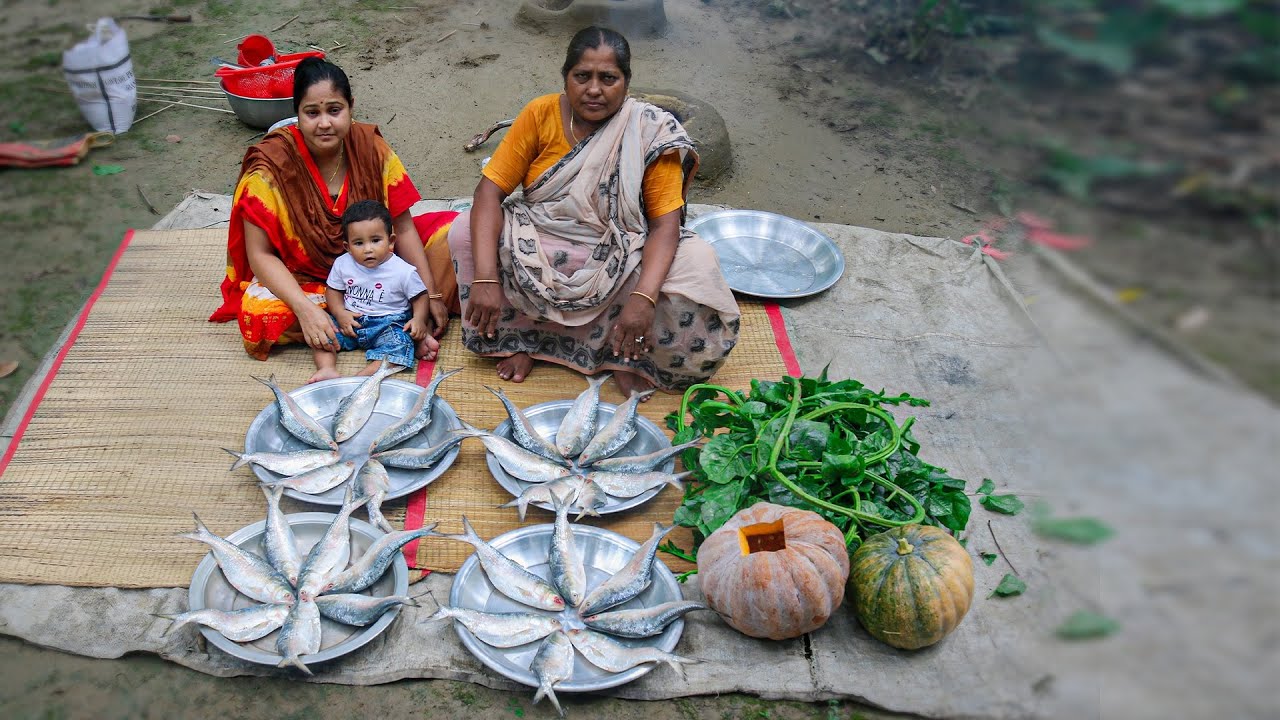 Hilsa Curry & Pumpkin, Basella Alba Village Cooking Recipe for Village Kids