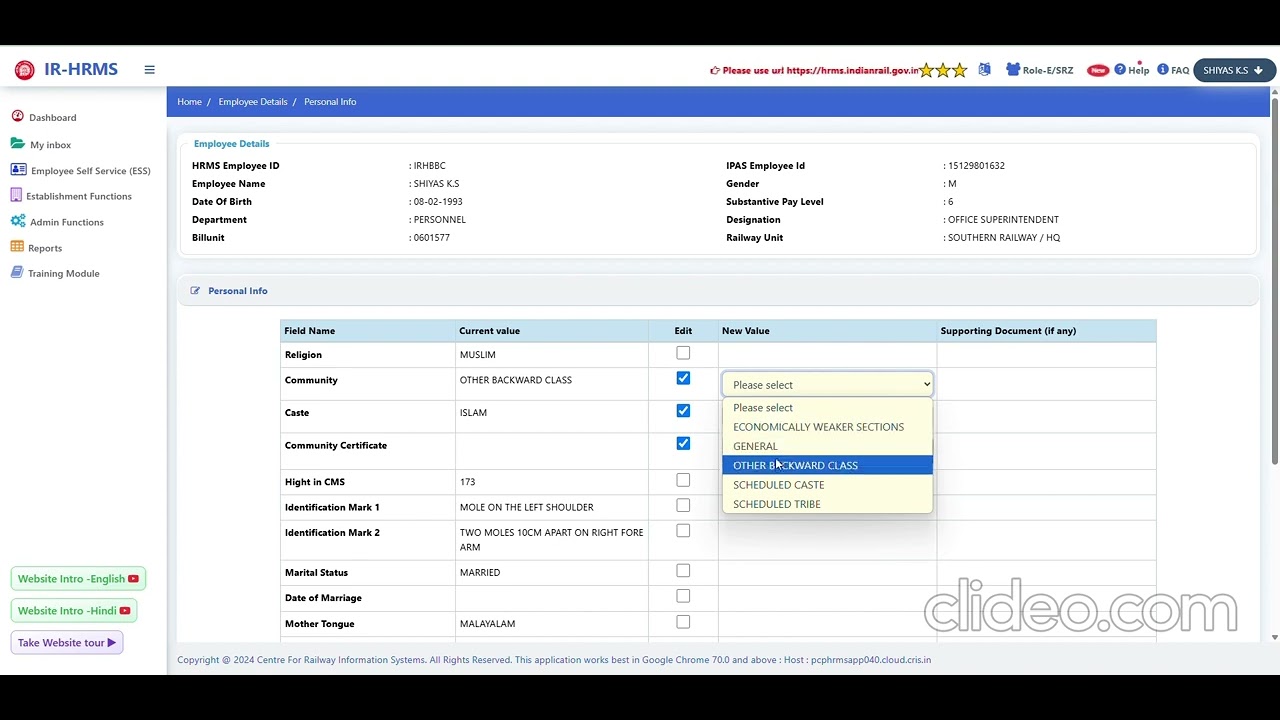 INDIAN RAILWAYS:- How to upload Caste i.e.  Community Certificate in HRMS ...in Hindi 