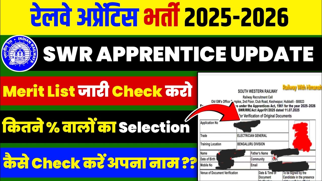 SWR APPRENTICE MERIT LIST OUT || SWR APPRENTICE RESULT 2026