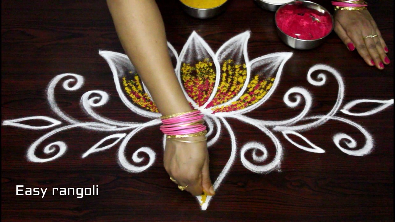 creative lotus rangoli designs with out dots & with colors - simple kolam designs - muggulu designs