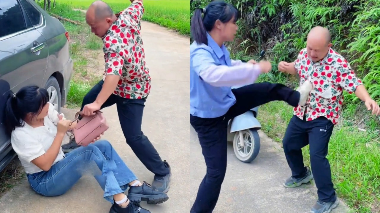 嚣张地痞光天化日下抢包，被美女保安狠狠教训，简直太解气了！【小啊敏】#正能量剧情 #comedy