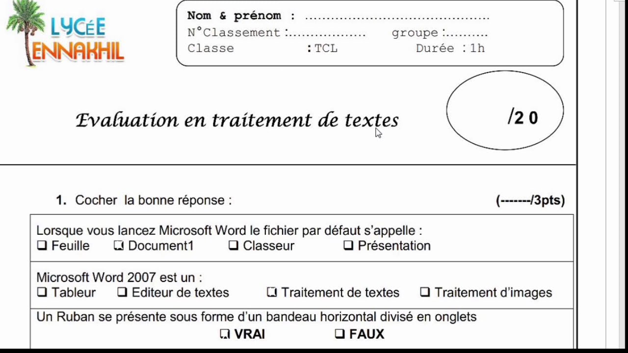 Correction de contrôle Ms Word logiciel traitement texte تصحيح امتحان مادة المعلوميات جذع مشترك