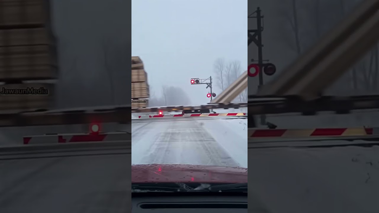 Lumber Spills from Passing Train During Whiteout at Rail Crossing ❄️