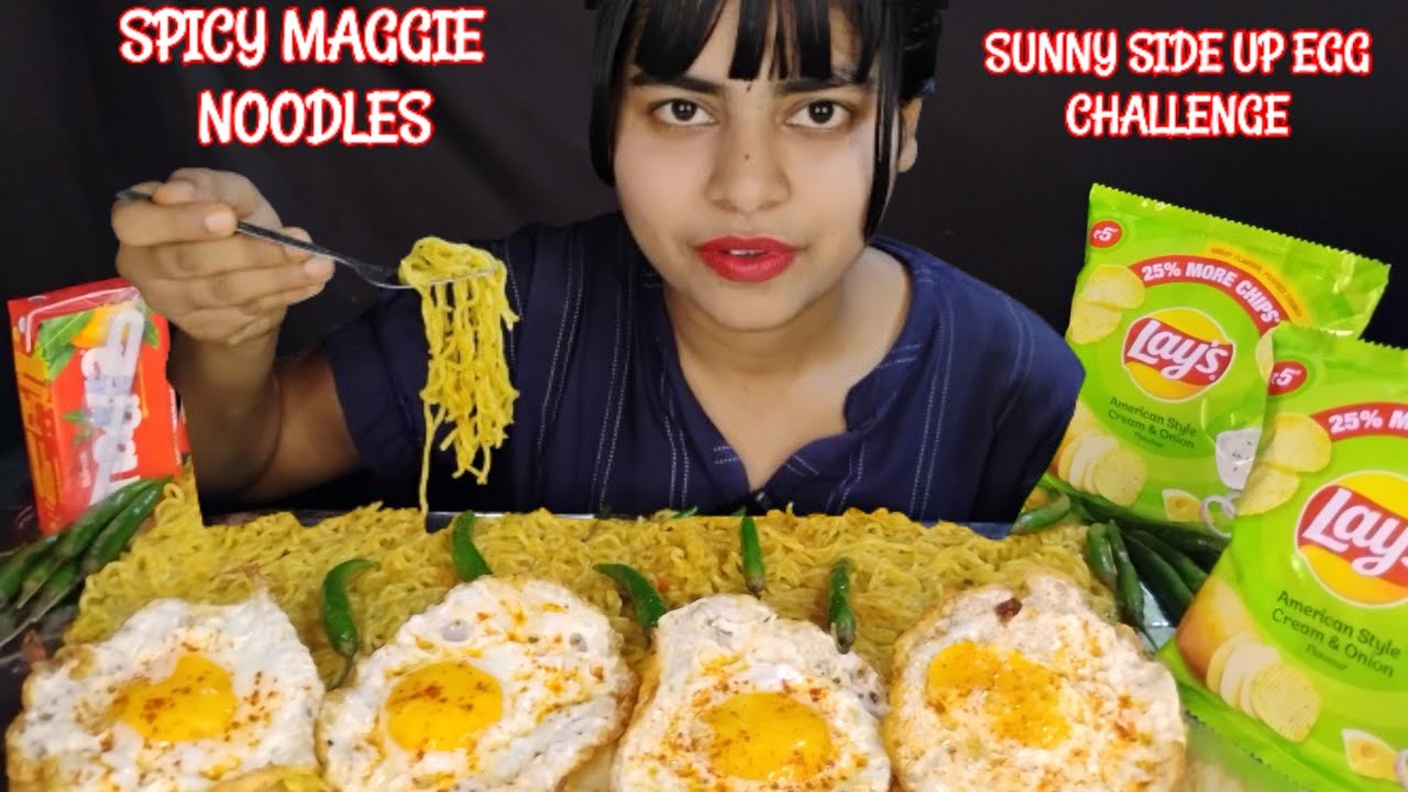 ASMR EATING SPICY MAGGIE NOODLES WITH SUNNY SIDE UP EGG CHALLENGE| INDIAN MUKBANG#eatingshow #food