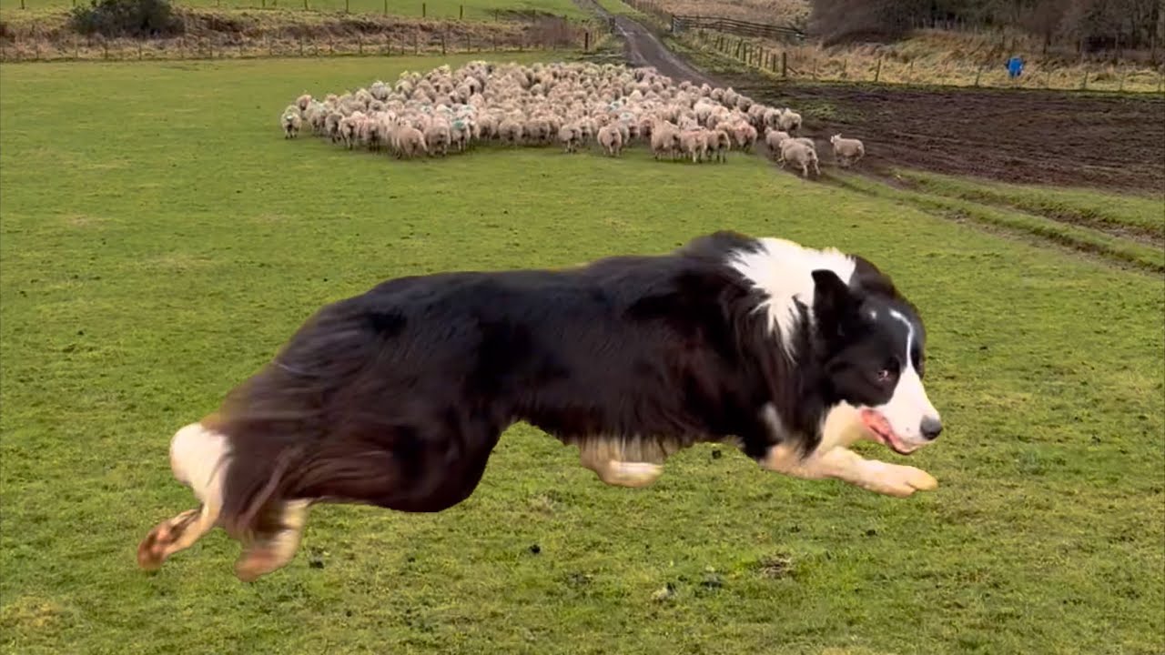 Super border collie sheepdog herding sheep
