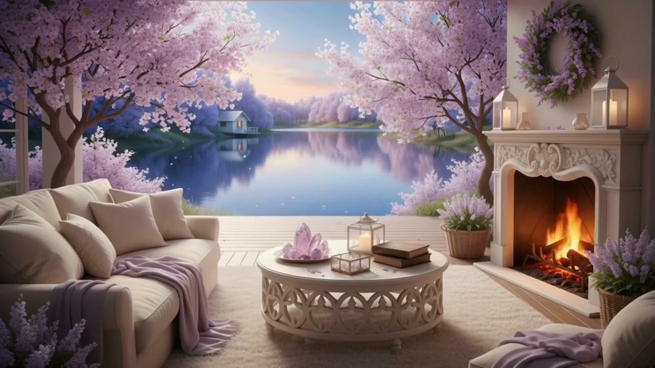 Peaceful Spring Forest Cabin Porch 🌸🔥 Fireplace Ambience, Garden Views & Soft Piano