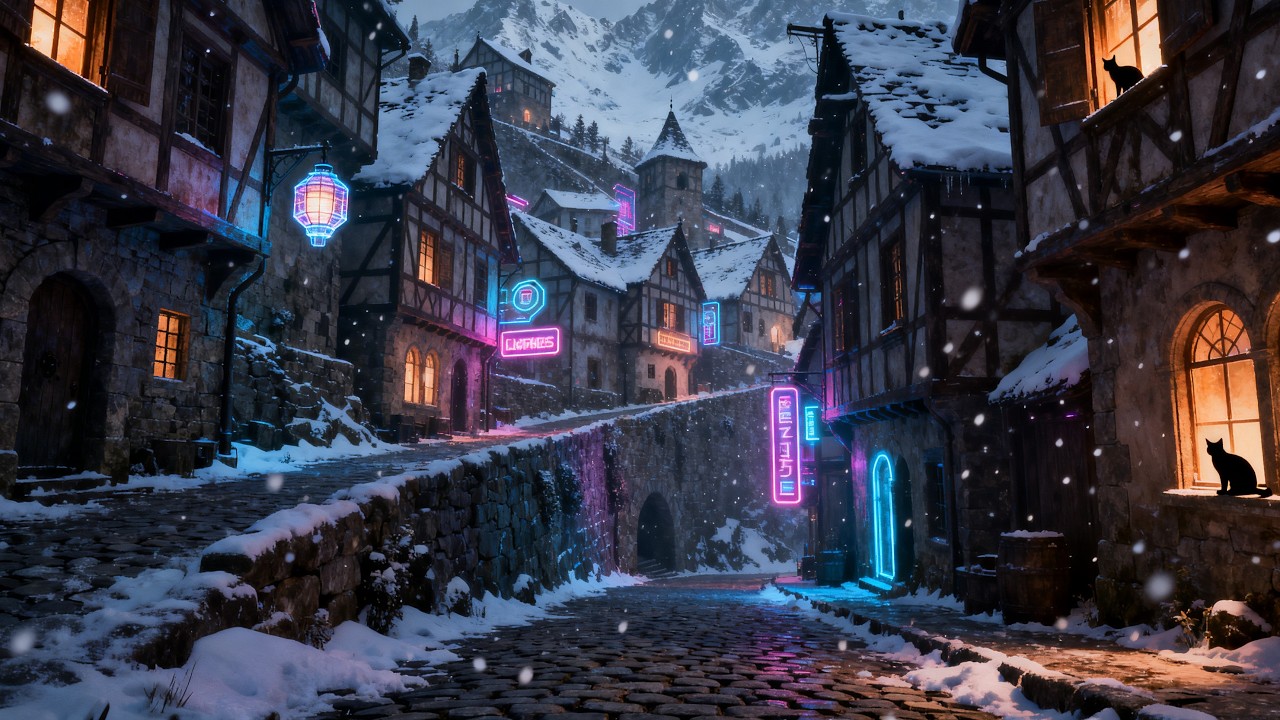 Neon Snow Alley 🐾 Lofi Jazz Ambience: Cozy Winter Street + Chill~Work~Curious Black Cat