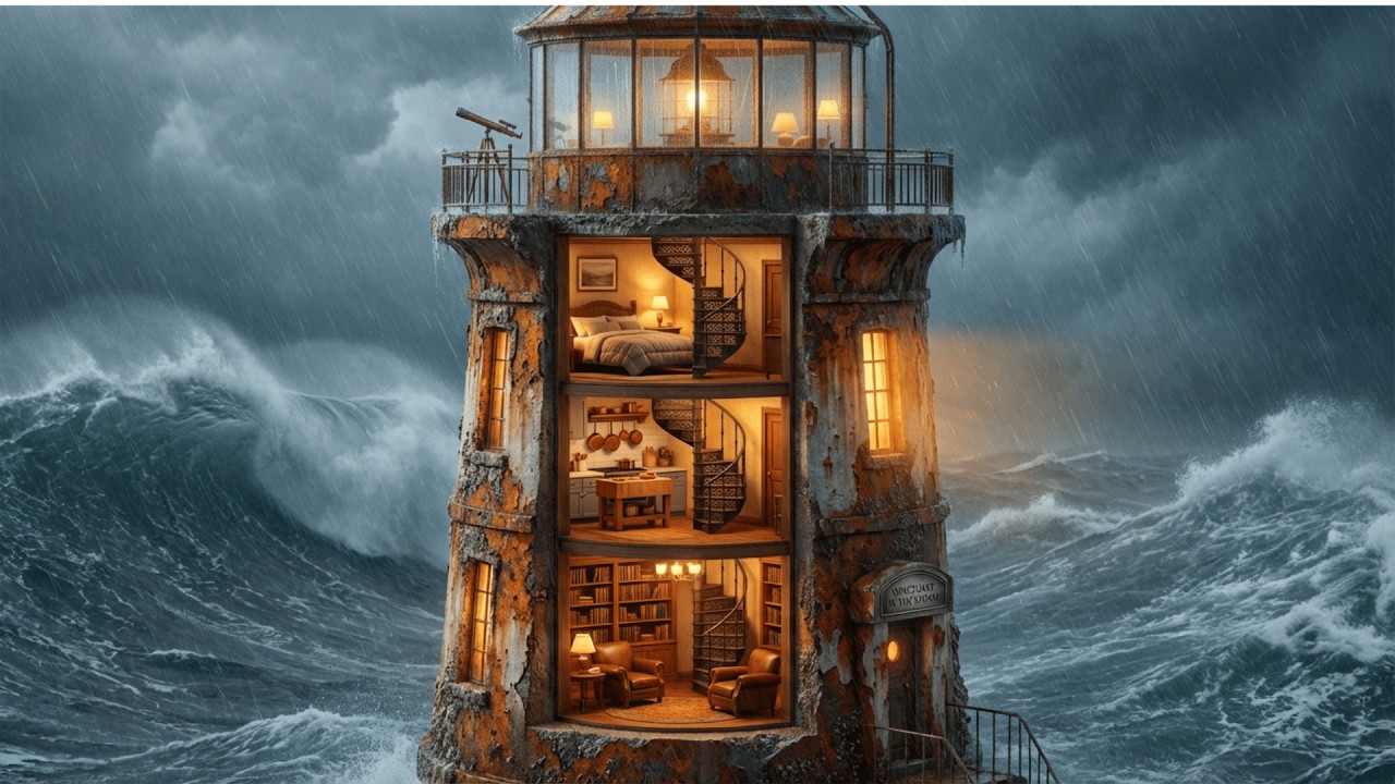 This man Built a SECRET HOUSE inside an ABANDONED LIGHTHOUSE – Building a house in the ocean